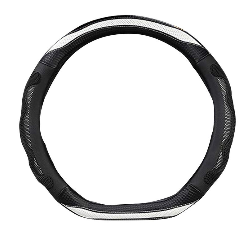 2FY2SW D Cut Steering Wheel Cover - D Shaped Flat Bottom Microfiber Leather Anti-Skid Breathable Fit 14.5"-15" (Black White) - Image 2